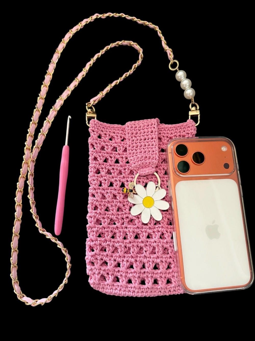 Pink Crochet Crossbody Phone Bag with Daisy Charm for Cell Phones